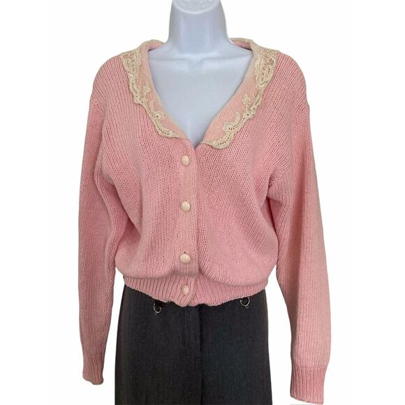 Vintage 80s Lace Collar Coquette Boho Cottage Preppy Pink Cardigan Sweater S - Picture 3 of 8
